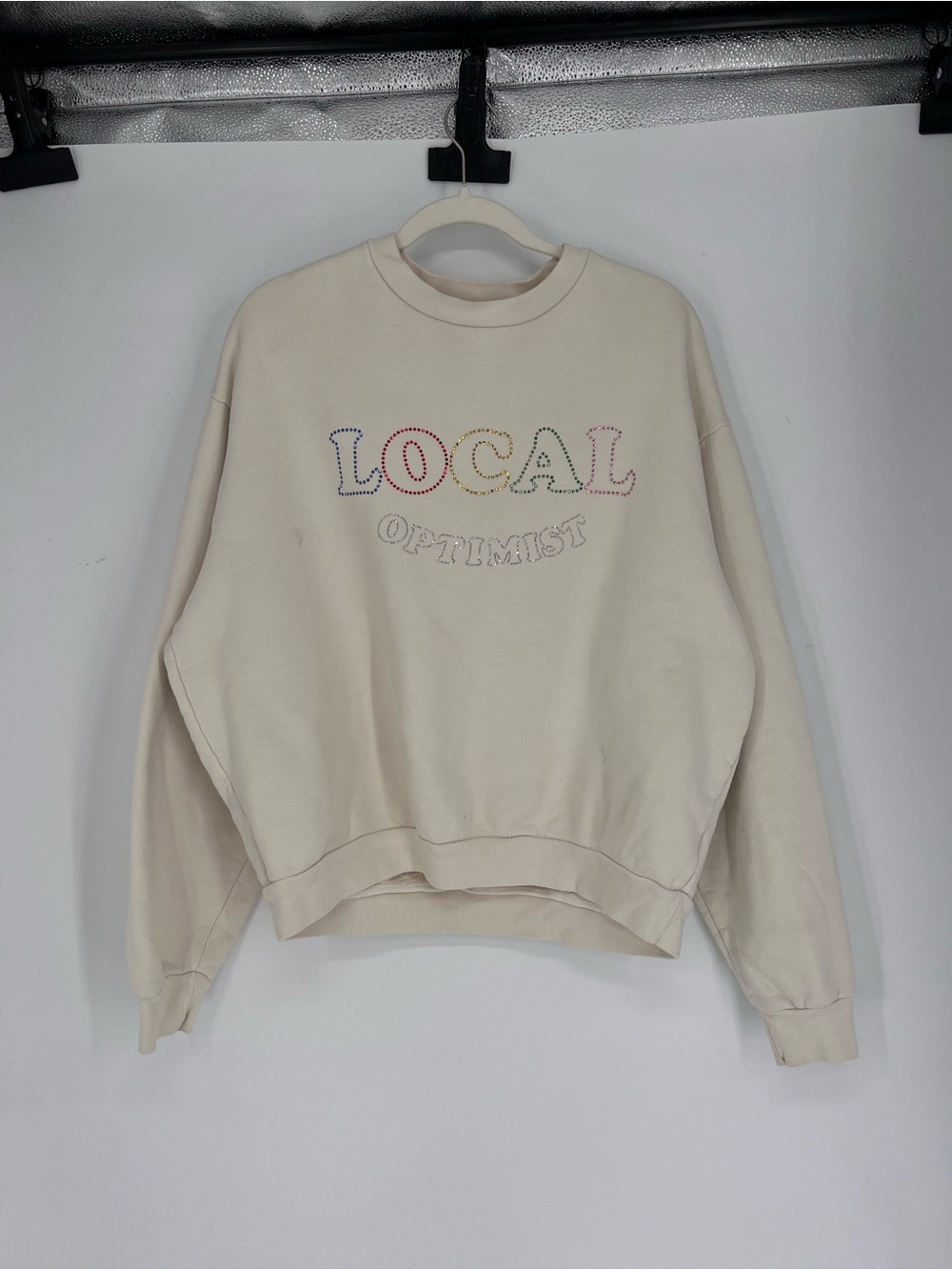 MADHAPPY Local Optimist White Rhinestone Crew Neck Pullover Sweatshirt S